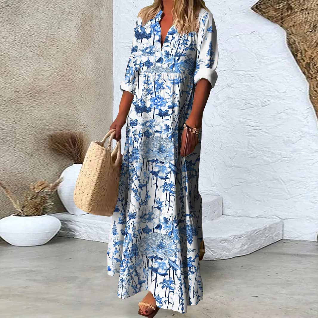 Women Floral,Blue DZDN0023 SPU Printed Long Sleeve V-neck Maxi Dress