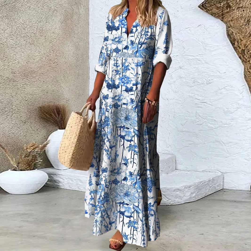 Women Floral,Blue DZDN0023 SPU Printed Long Sleeve V-neck Maxi Dress