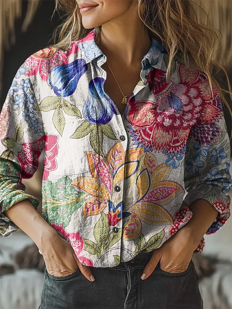Women's Retro Floral Print Casual Long Sleeve Comfortable Cotton Shirt
