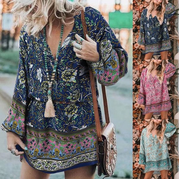 Womens Floral Printed Mini Dress Puff Long Sleeve V Neck Party Casual Loose Dress Plus Size Clothes - BlackFridayBuys
