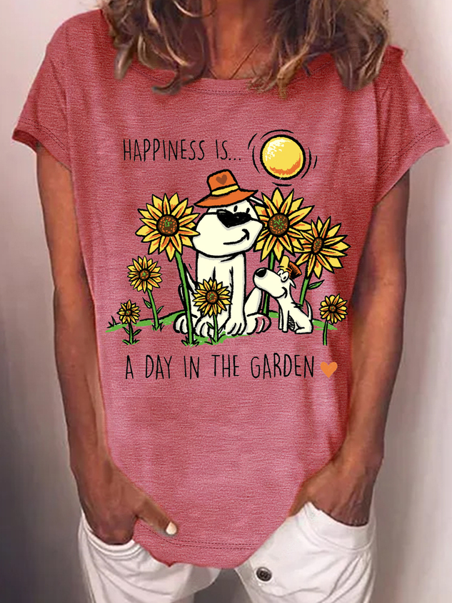 Happiness Is A Day In The Garden Cotton-Blend Loose Casual T-Shirt socialshop