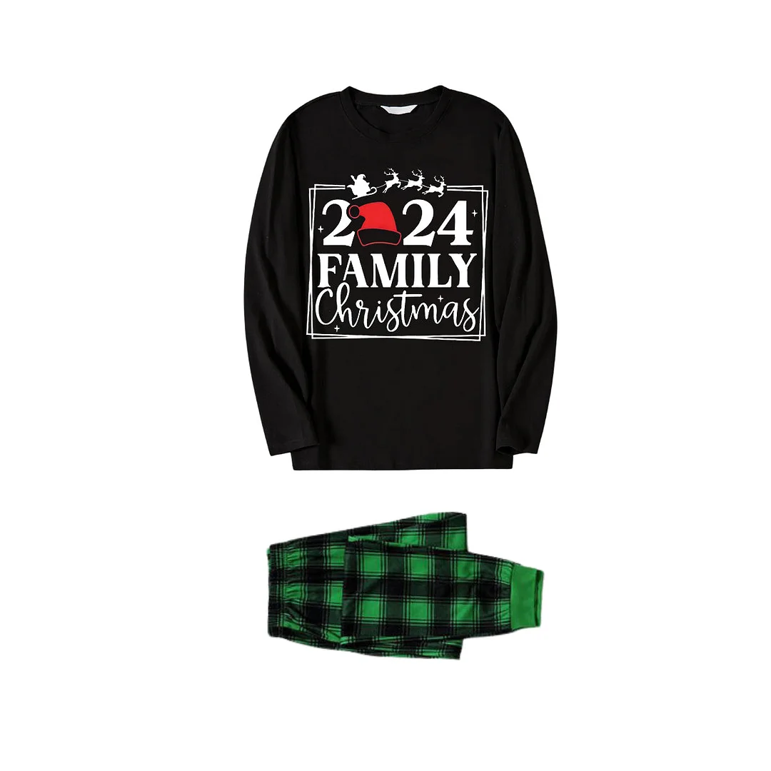 "Family Christmas 2024" Text Printed Black and Green Plaid Family Christmas Matching Pajamas