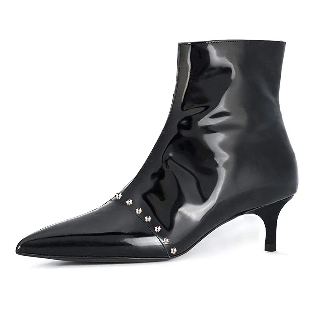 Black Patent Leather Pointed Toe Kitten Heel Ankle Boots with Studs