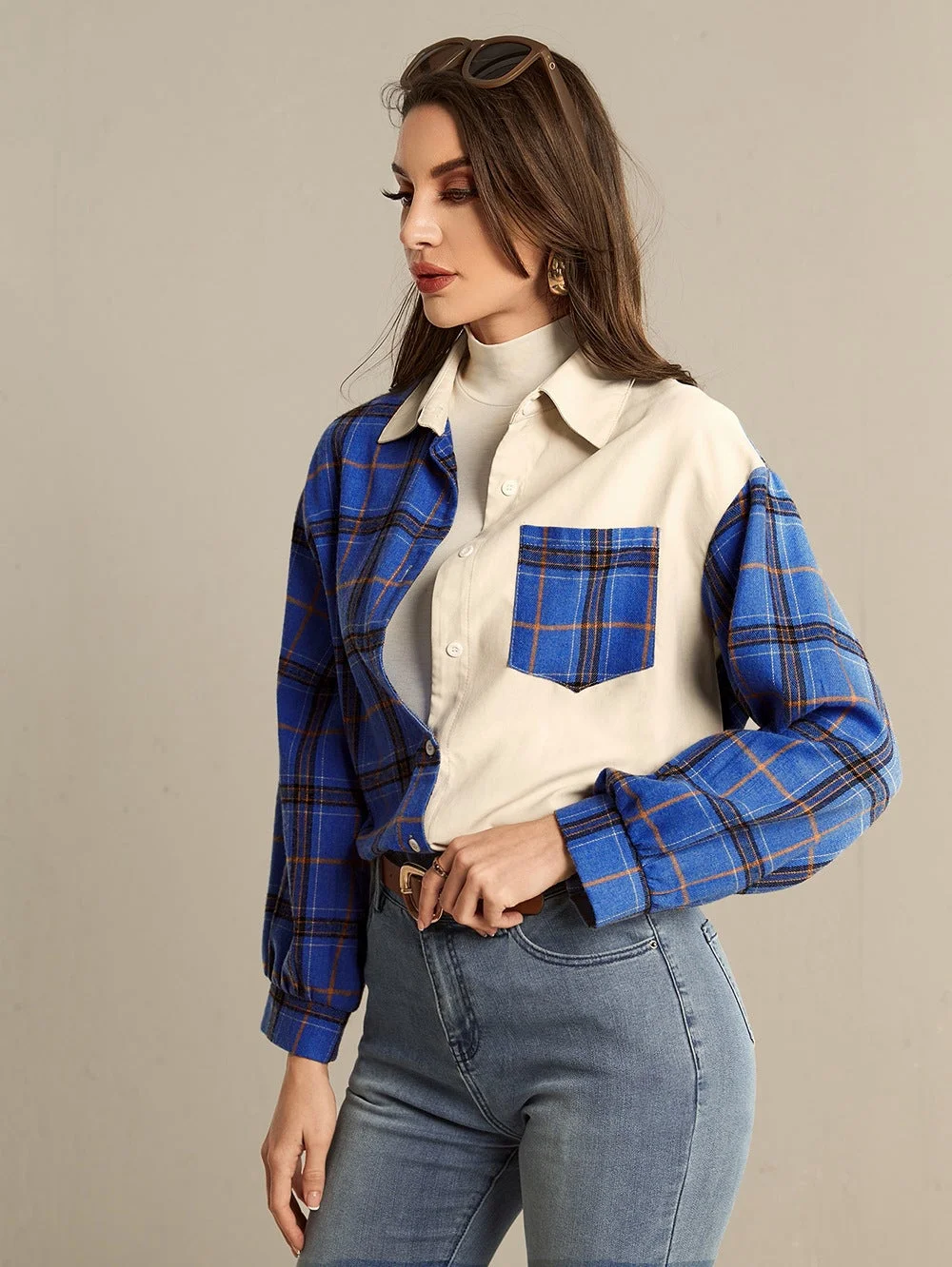 Women Colorblock Cardigan Plaid Women's Shirt Jacket
