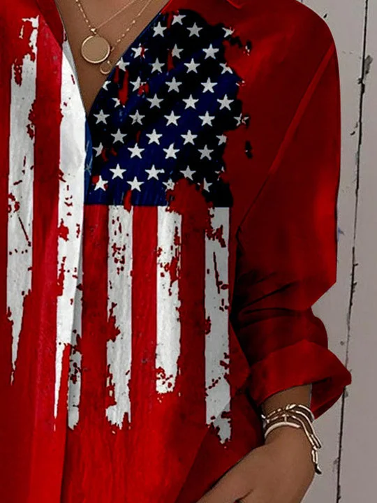 Women 3/4 Sleeve Shirt Collar National Flag Star Printed Graphic Button Tops