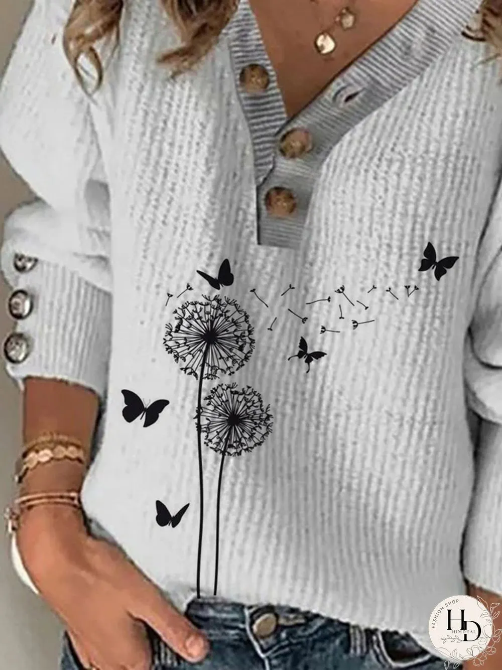 Dandelion Long Sleeve Buttoned V Neck Plus Size Casual Sweater
