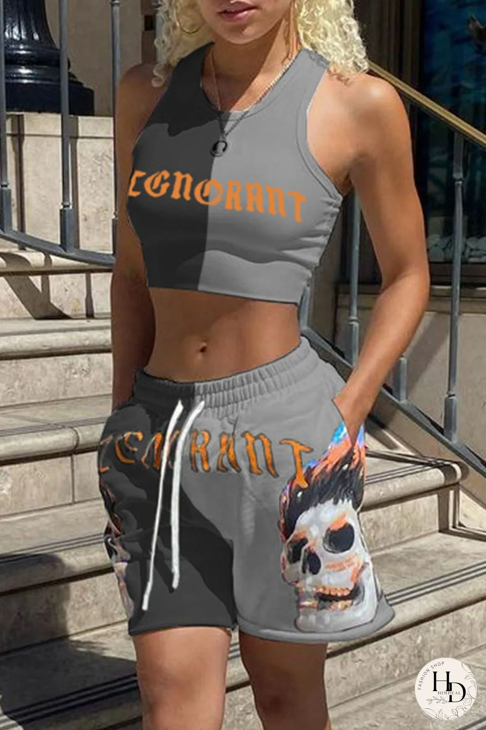 Rose Red Blue Sexy Casual Letter Print Contrast O Neck Sleeveless Two Pieces