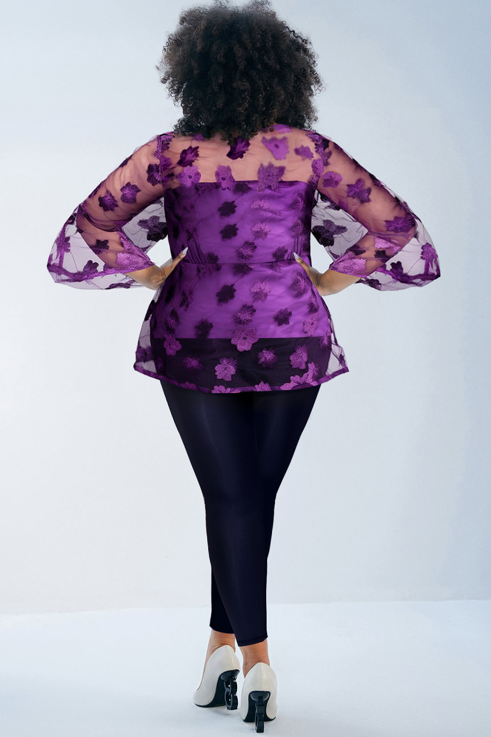 Design Plus Size Semi Formal Purple All Over Print Spring Summer Round Neck Flare Long Sleeve See Through Mesh Blouses [Pre-Order]