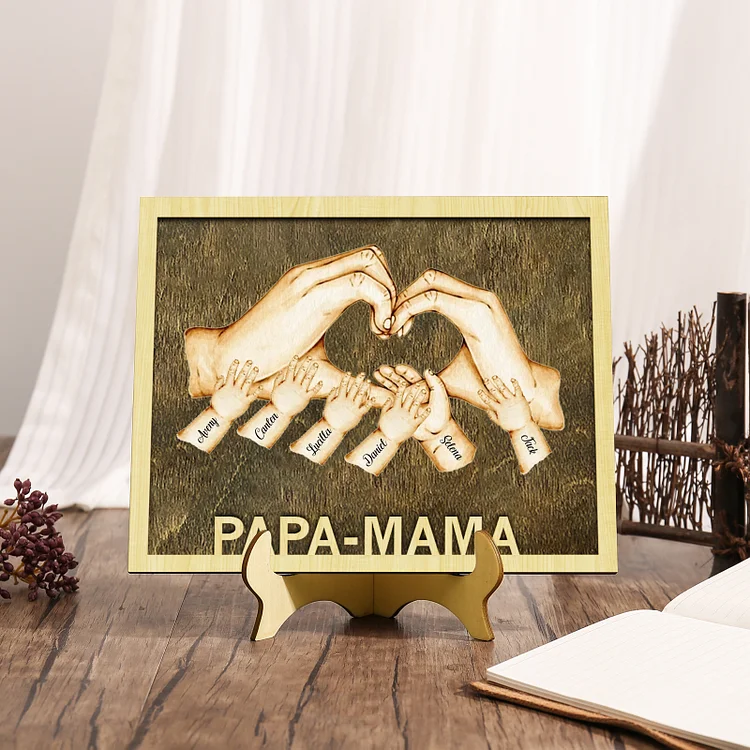 Kettenmachen PAPA-MAMA Holz Deko-Personalisierbare 6 Namen Ornament Familie Hand in Hand Holzdekoration für Eltern