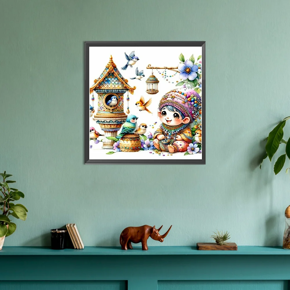Diamond Painting - Full Round Drill - Cute Gnome Bird Nest(Canvas|30*30cm)