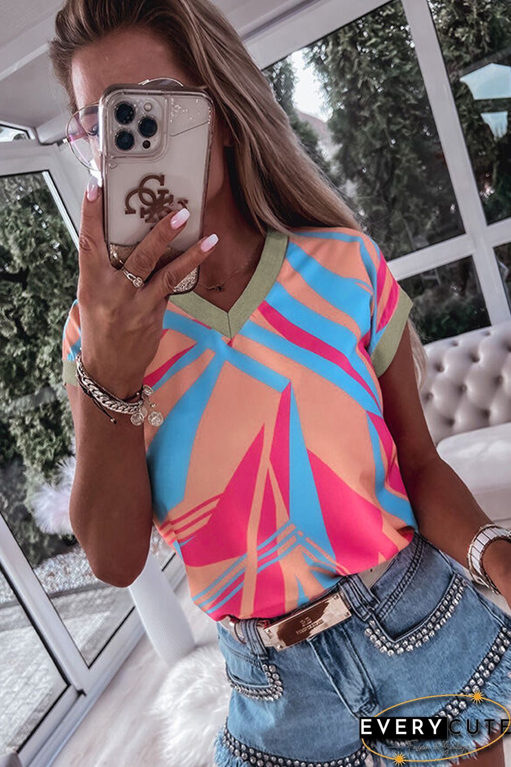 Orange Geometric Print Contrast Trim V Neck Blouse