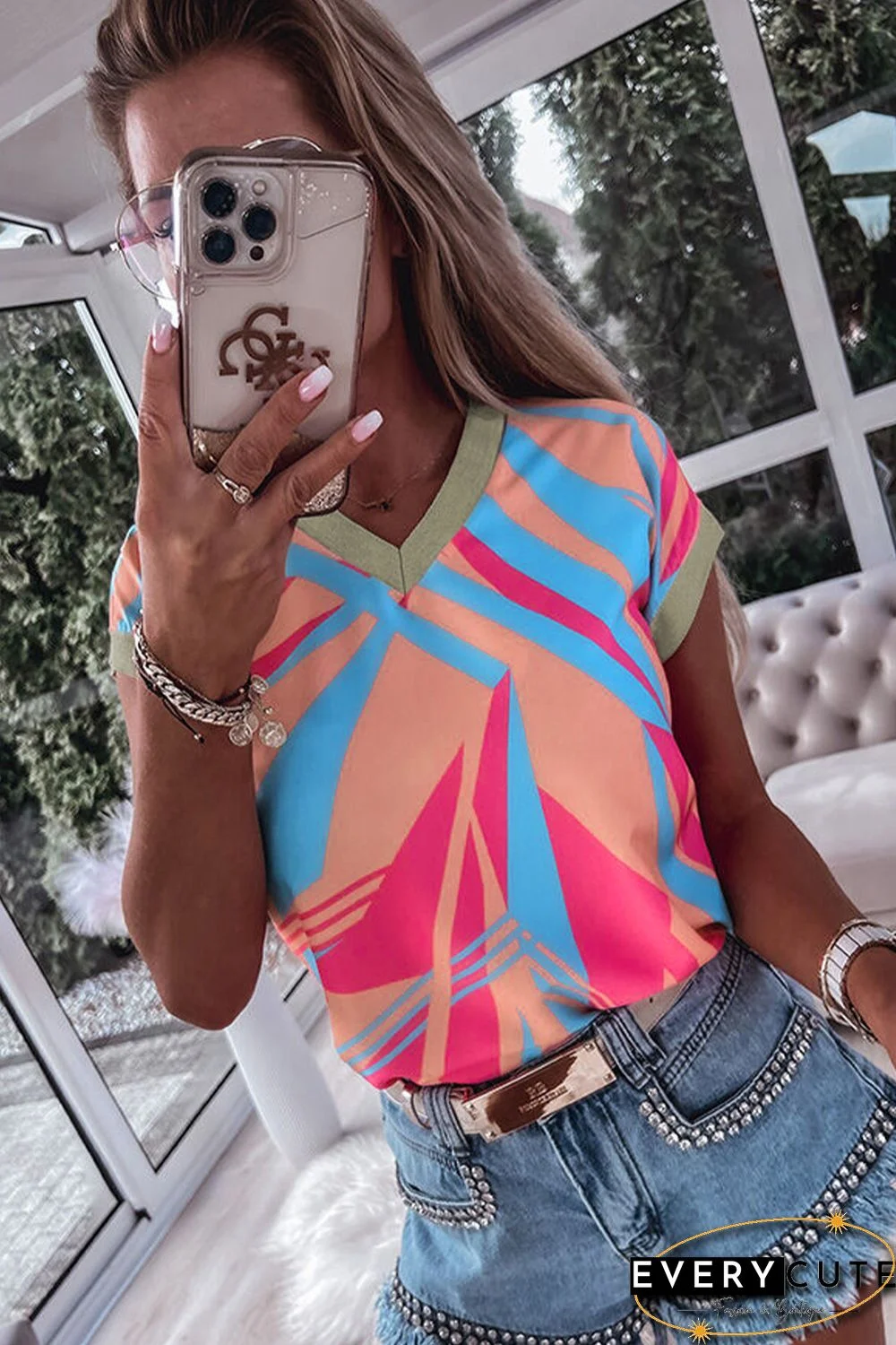 Orange Geometric Print Contrast Trim V Neck Blouse