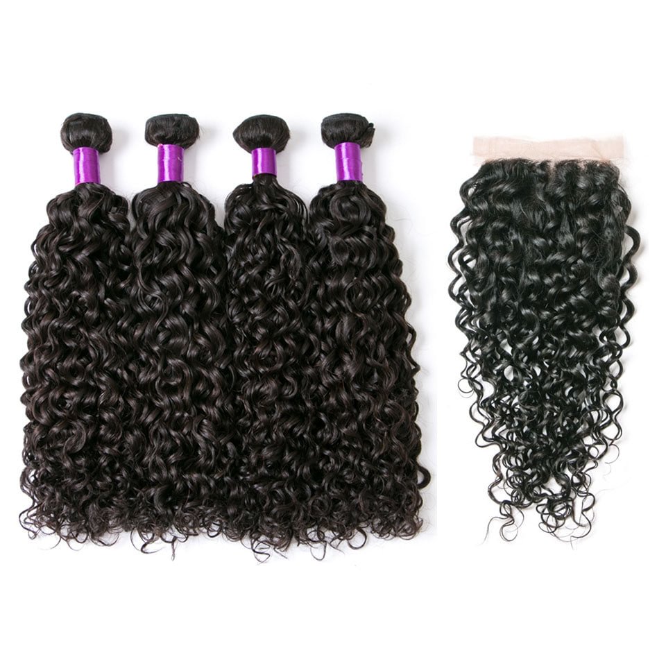 Vallbest 100% Human Hair Water Wave 4 Bundles With Closure Baby Hair Natural Black US Mall Lifes