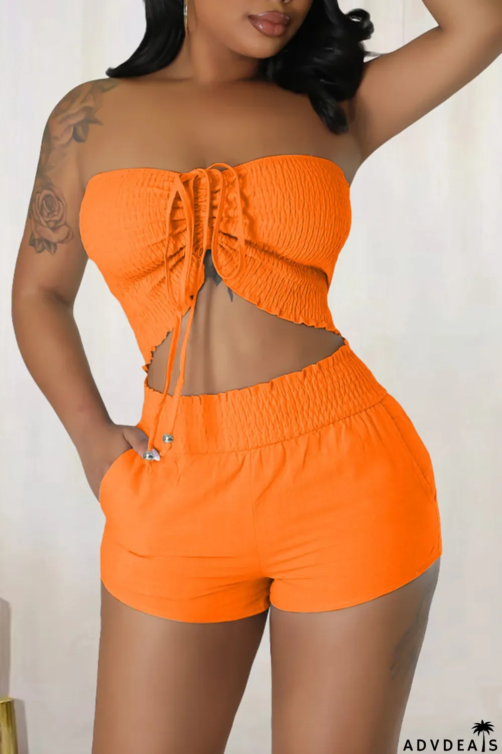 Orange Sexy Solid Bandage Patchwork Strapless Sleeveless Two Pieces