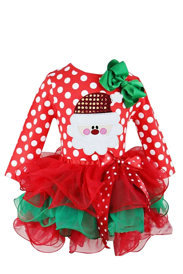 Fancy Long Sleeve Polka Dot Kids Christmas Costume Santa Print Dress-elleschic
