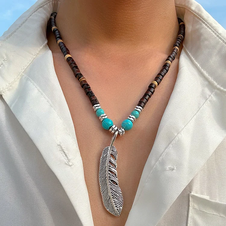Olivenorma Turquoise Wooden Bead Feather Pendant Bohemian Necklace