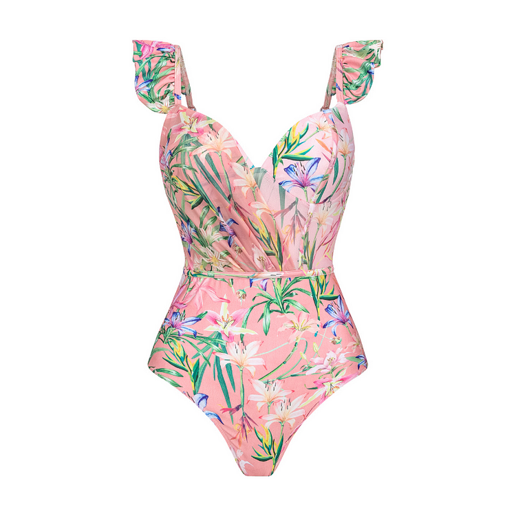 Floral Print One Piece Swimsuit and Mesh Splicing Skirt Flaxmaker