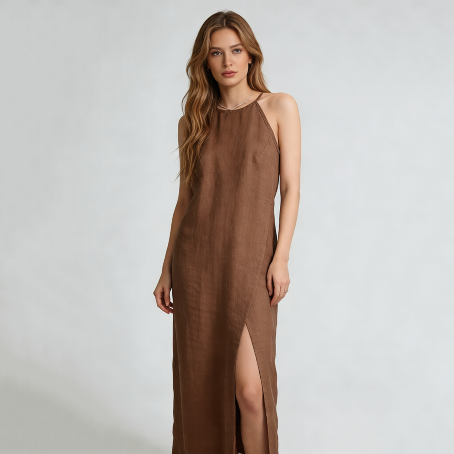 Linen Maxi Dress Women 100% Linen Halter Neck Split Summer Dress Breathable REAL SILK LIFE