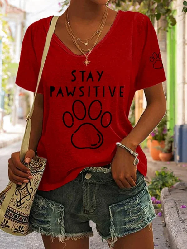 Stay Pawsitive Paw Print V-Neck Casual T-Shirt