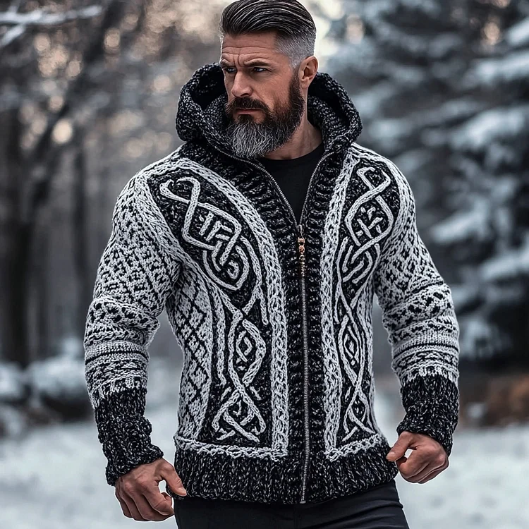 Men's Viking Celtic Pattern Cozy Zip Hooded Sweater