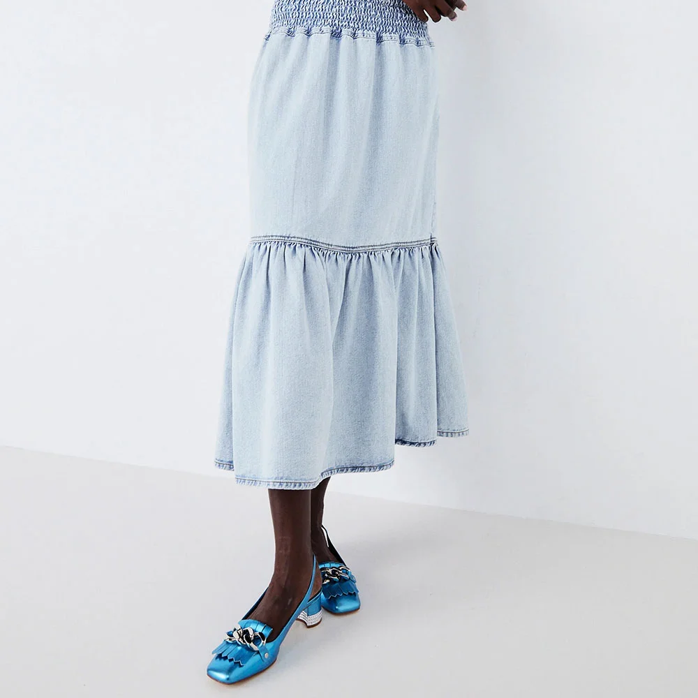 Blue Metallic Square Toe Slingback Rhinestone Fringe Chain Pumps Shoes