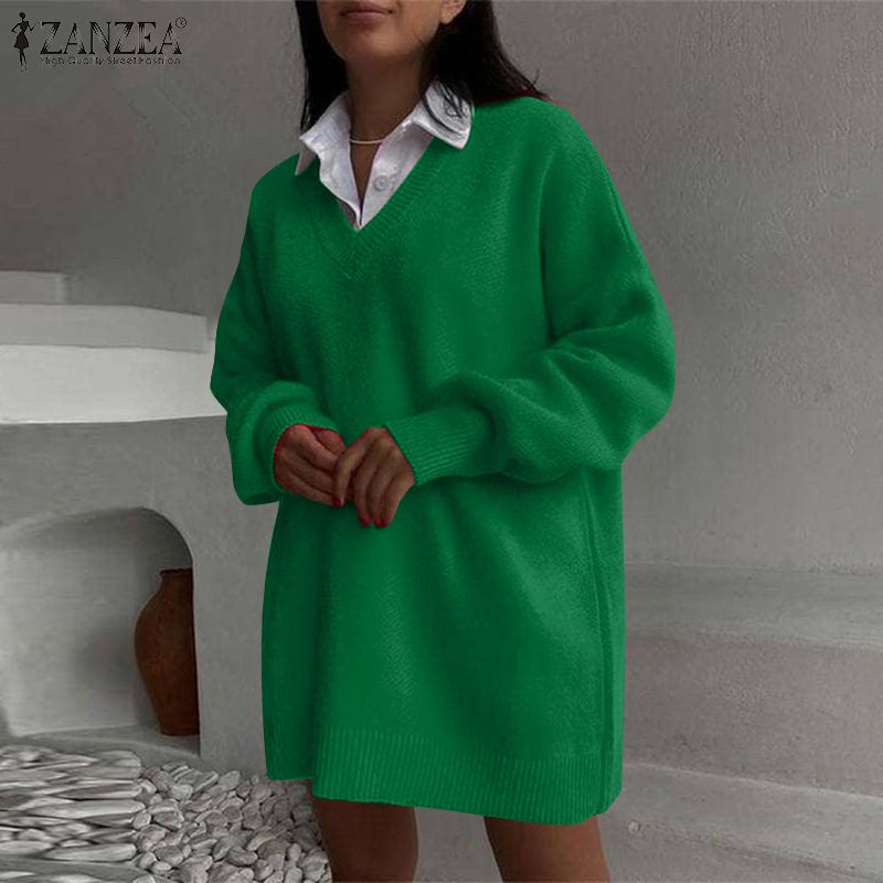 ZANZEA  Women V-Neck Long PulloverAll-match Sweater  Winter Casual Long Sleeve Sweatshirt Solid Loose Fall Outfits