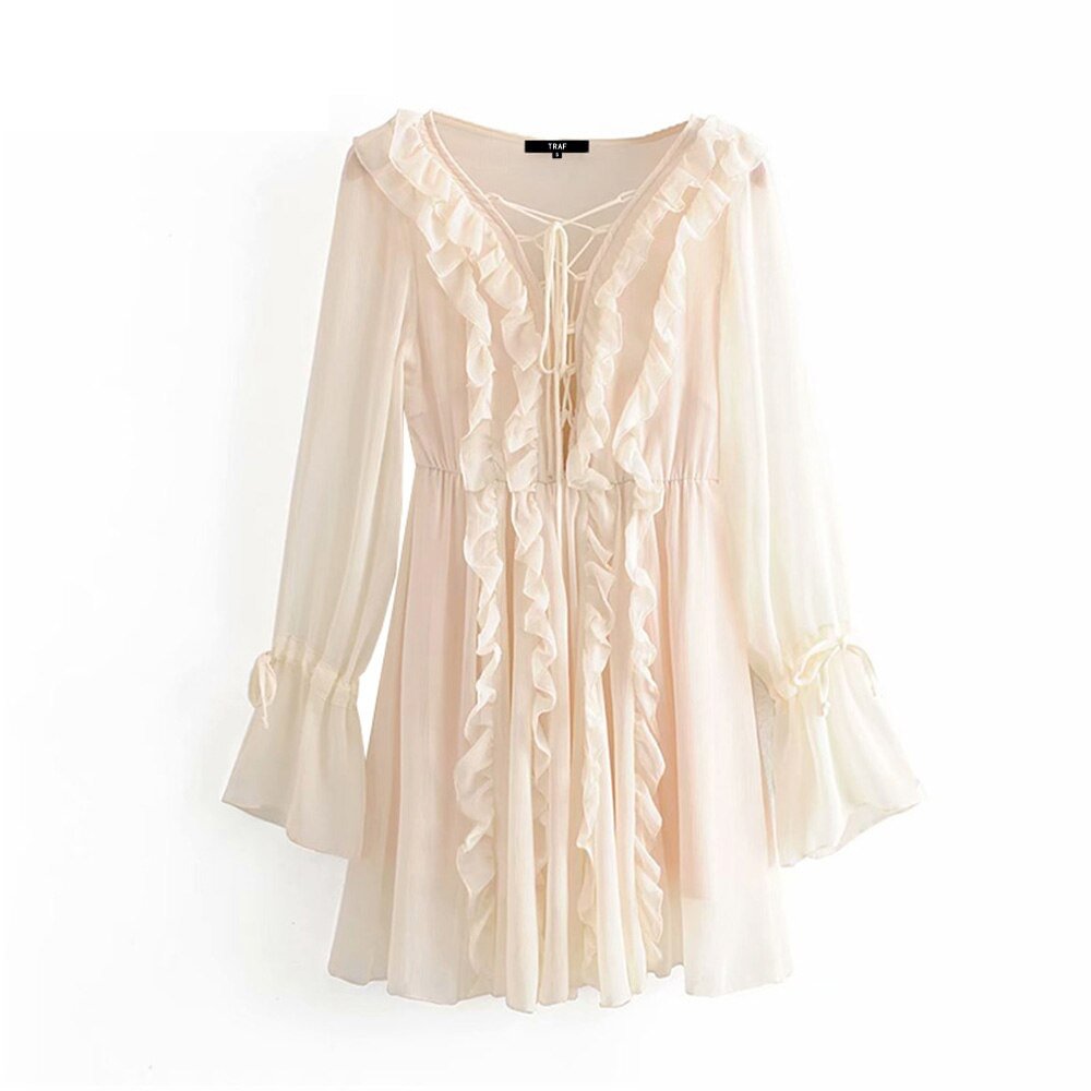 TRAF Women Vintage Stylish Ruffles Chiffon Mini Dress Fashion V Neck Long Sleeve Drawstring Beach Female Dresses Vestidos Mujer