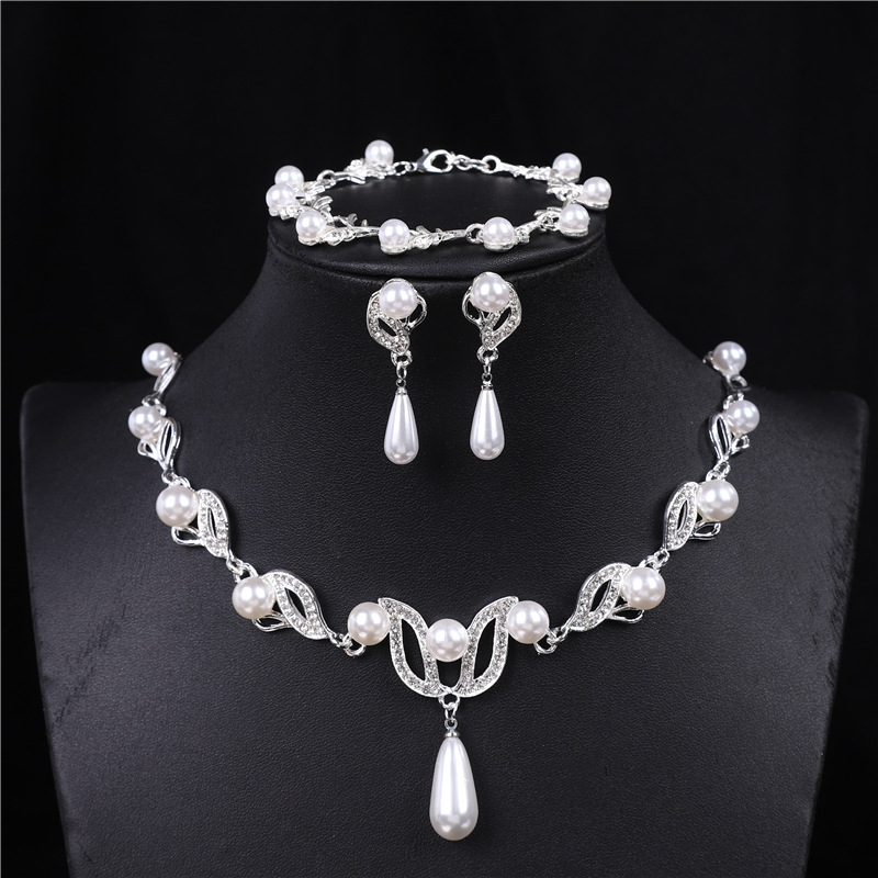 Wedding Gold Pearl Pendant Rhinestone Necklace Earrings Bracelet Three Piece Jewelry Set 2024 - Flycurvy 