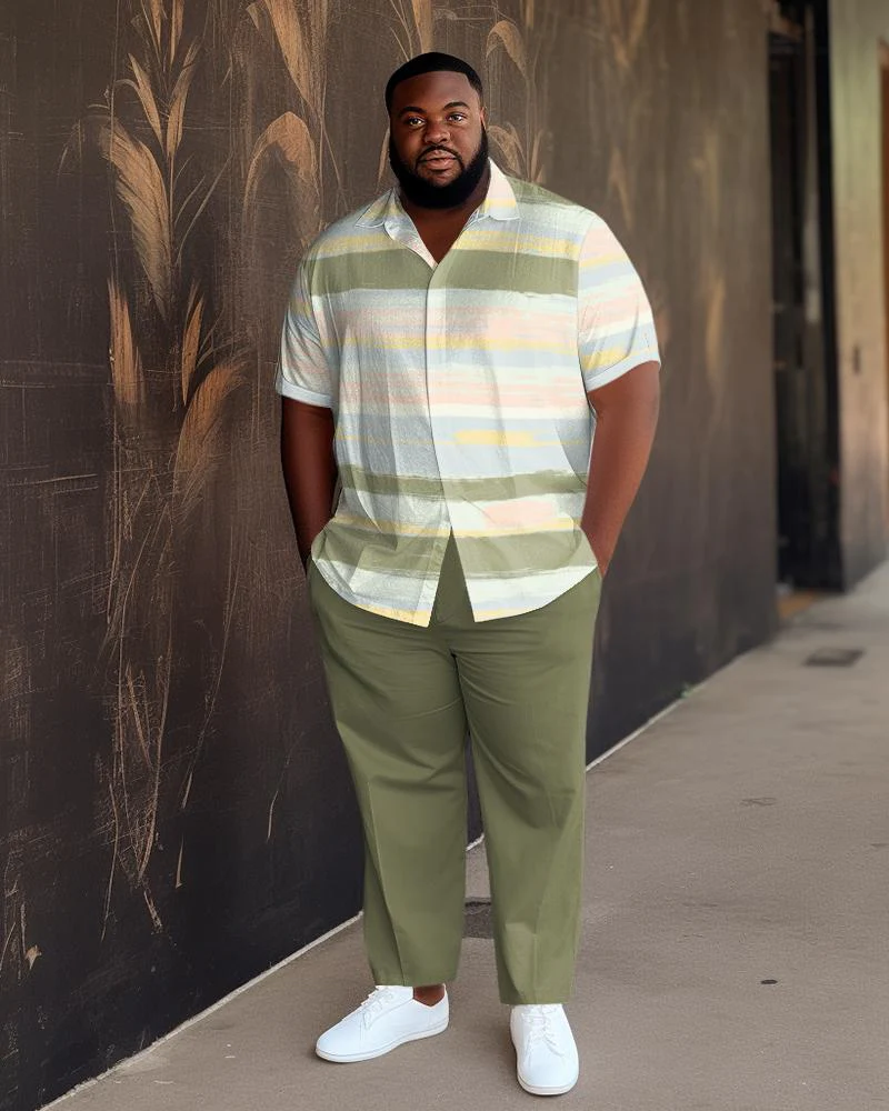 Men's Plus Size Green Color Matching Short-Sleeved Walking Suit 017