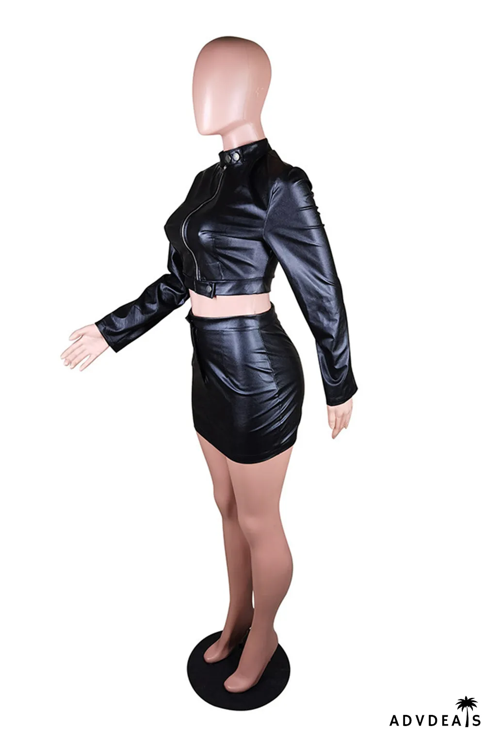 Coffee Fashion Sexy Solid Split Joint Zipper Collar Long Sleeve Two Pieces