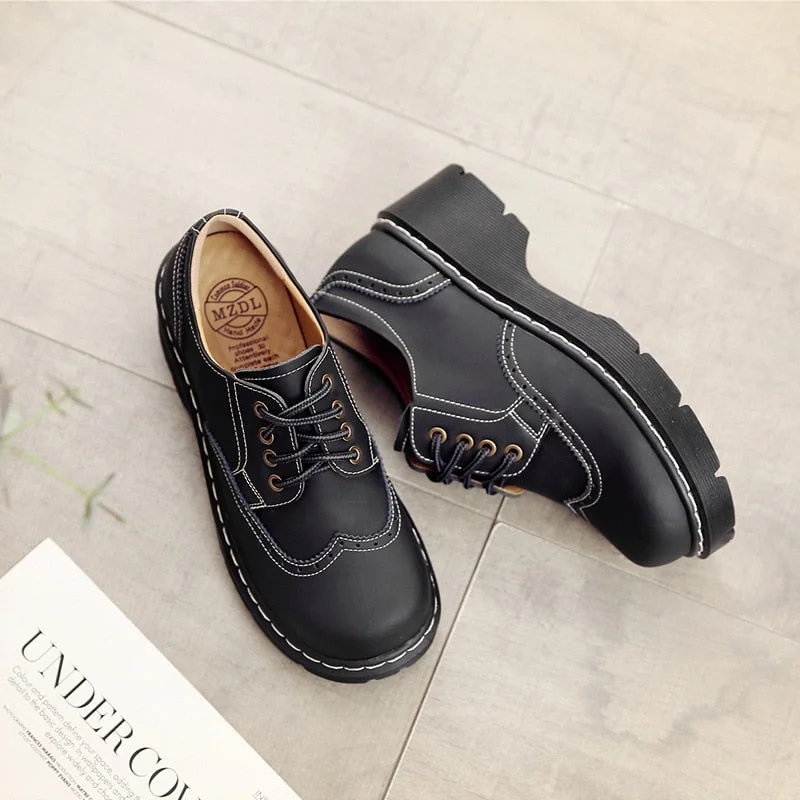 Female Big Head Student Soft Brock Flats Retro British College Wind Genuine Split Leather Shoes Women Thick Bottom Oxfords