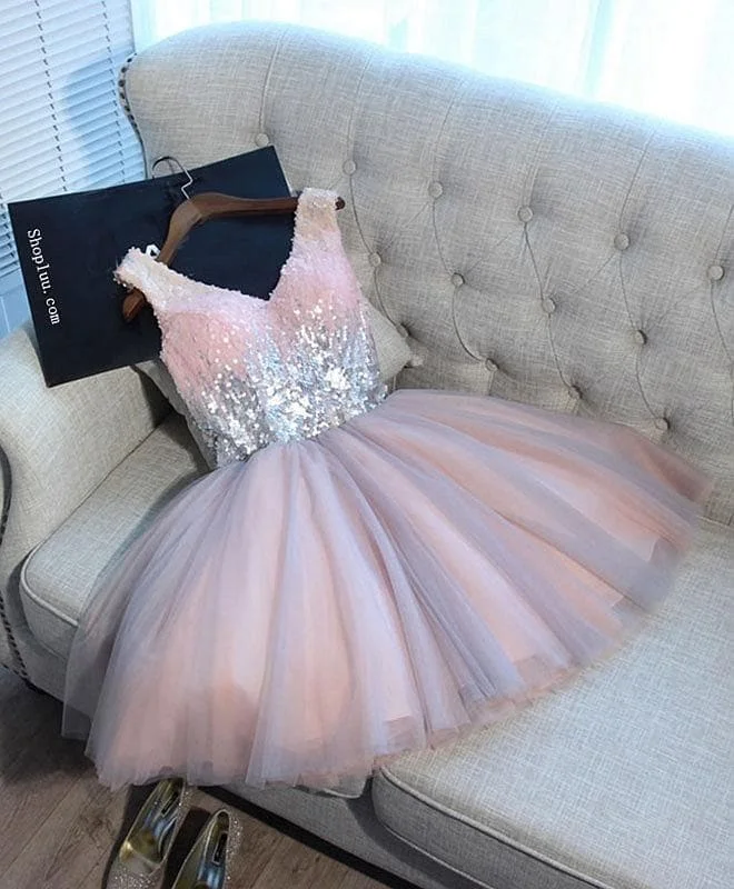 Cute Pink V Neck Tulle Seqsuins Short Prom Dress, Cocktail Dress SP14981
