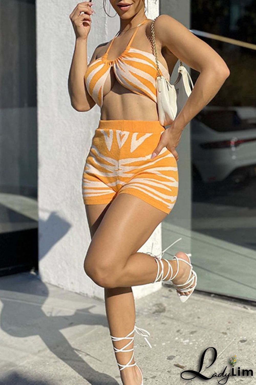 Green Sexy Print Bandage Patchwork Backless Halter Sleeveless Two Pieces