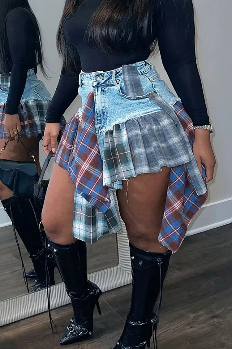 Xpluswear Plus Size Casual Plaid Colorblock Asymmetrical Hem Denim Skirt