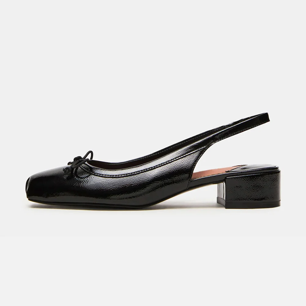 Women's Elegant Black Square Toe Bow Slingback Low Block Heel Pumps