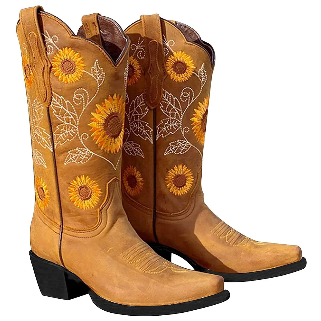 Women Ethnic Floral Embroidered Cowboy Western Boots