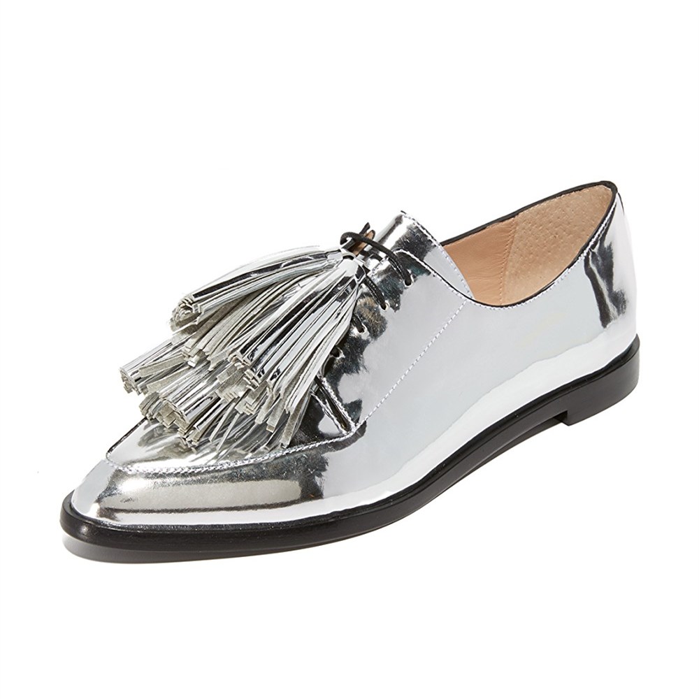 Silver Mirror Effect Lace Up Flat Women's Oxfords with Tassel