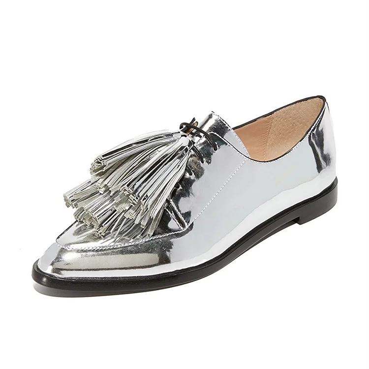 Metallic Silver Lace Up Fringe Women's Oxfords |FSJ Shoes