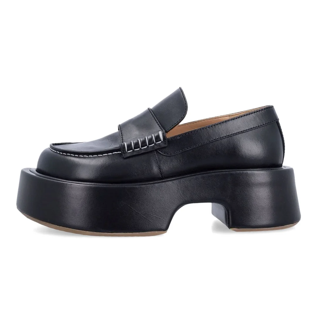 Black Vegan Leather Slip-On Chunky Loafers with Round Toe