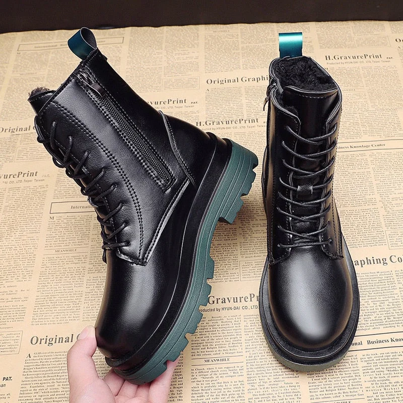 Fashion Winter Boots For Women Fur Black Combat Boots Women 2021 New PU Leather Punk Gothic Shoes Platform Ankle Boots Designer