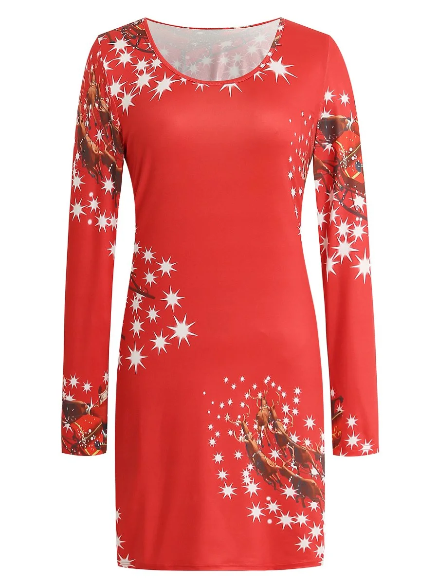 Red Dresses For Christmas Round Neck Long Sleeve Elk Print Bodycon Dress