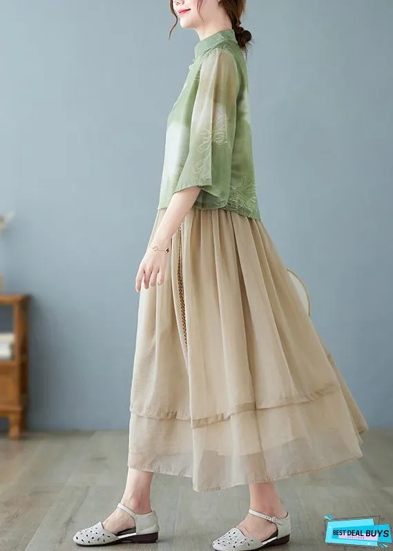 Women Green Stand Collar Tie Dye Silk Blouses Summer