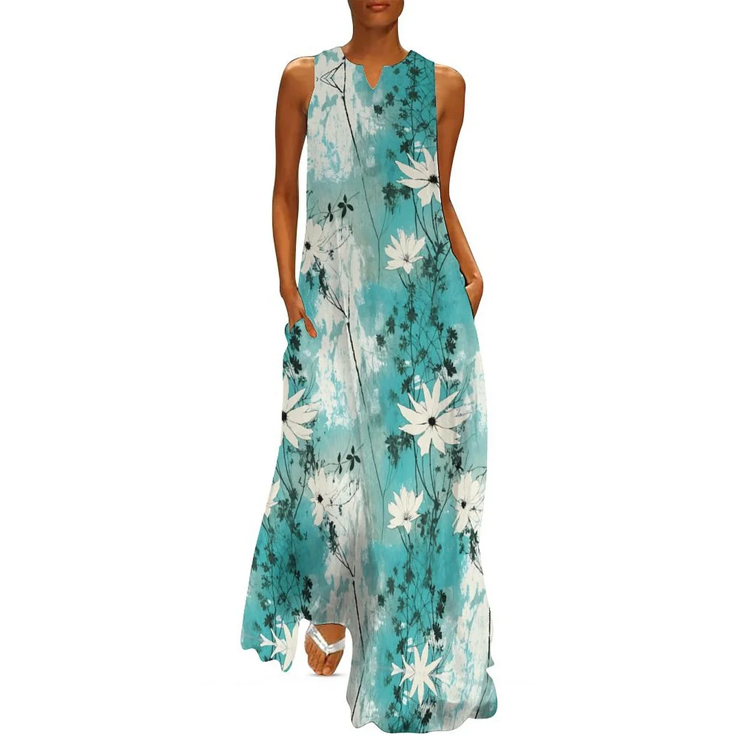 Style & Comfort for Mature Women Plus Size Printed Sleeveless Casual Women Maxi Dress with Pockets in Pattern Turquoise, Floral, Green