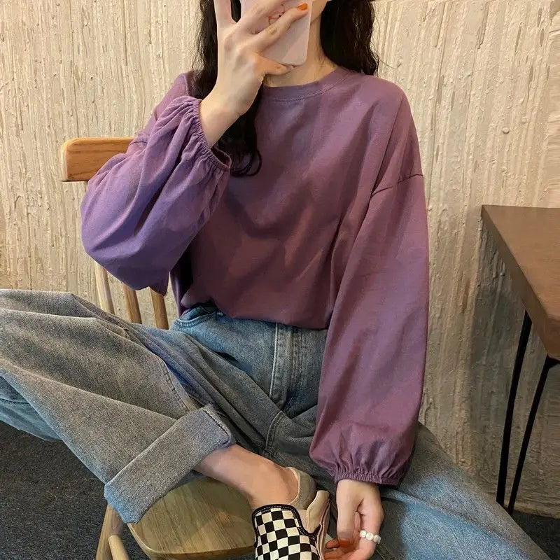 Aiertu Pure Cotton Tops Autumn Korean Lantern Puff Sleeve T-shirt Aesthetic Women's T Shirts Winter Woman Tshirts Clothing Long aiertu