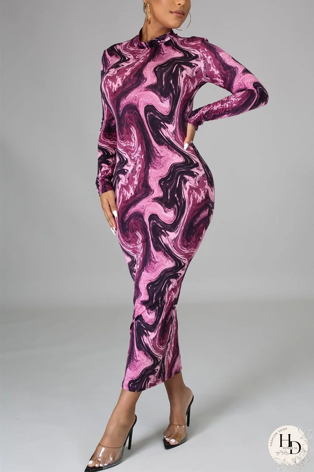 Red Fashion Casual Print Basic Half A Turtleneck Pencil Dresses