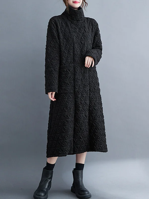 Casual Long Sleeves Loose Solid Color Textured High-Neck Cotton Padded Midi Dresses