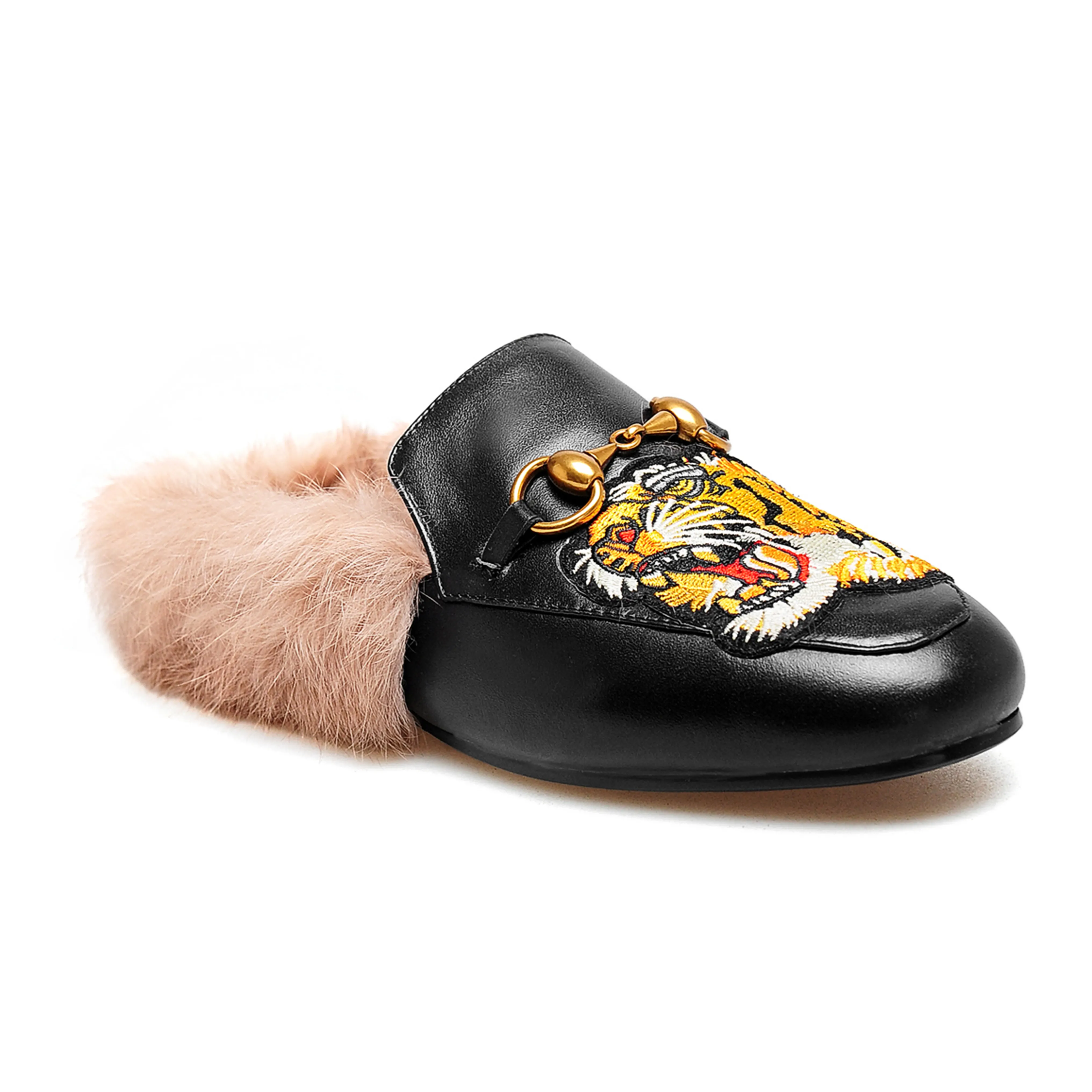 Black Tiger Pattern Rabbit Fur Flats Mules Shoes-vocosishoes
