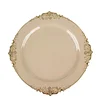 10 Pack | 10" Round Plastic Dinner Plates in Vintage Taupe, Gold Leaf Embossed Baroque Disposable Plates