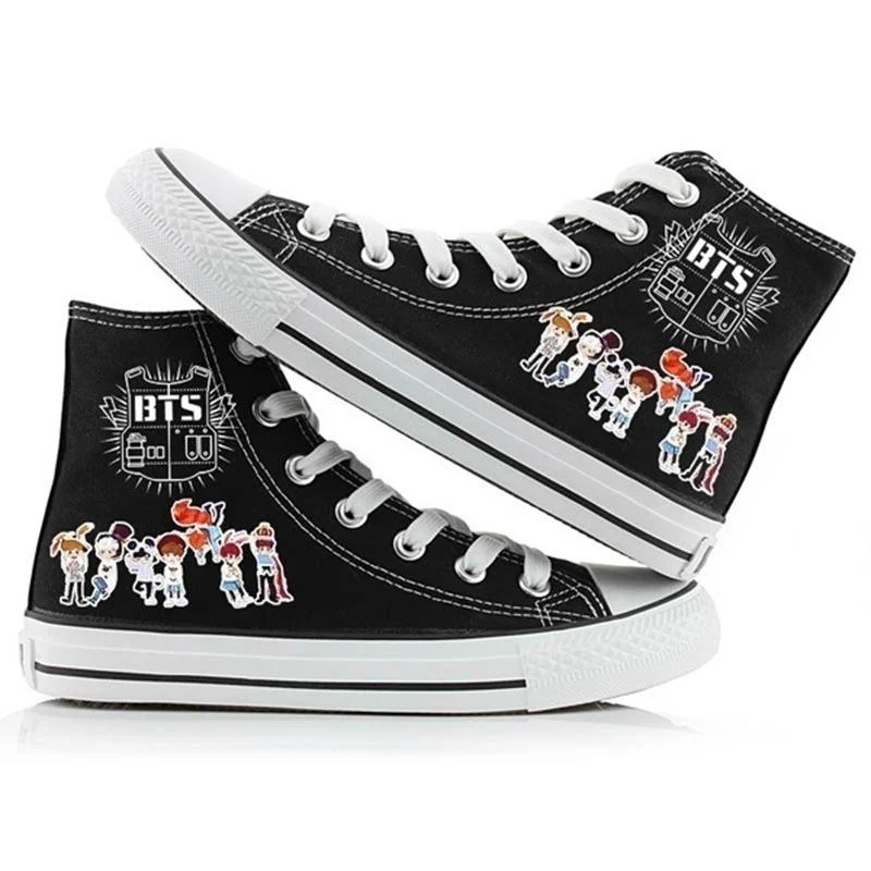 BTS Printed Round Toe Drawstring High-top Casual Canvas Flat Shoes