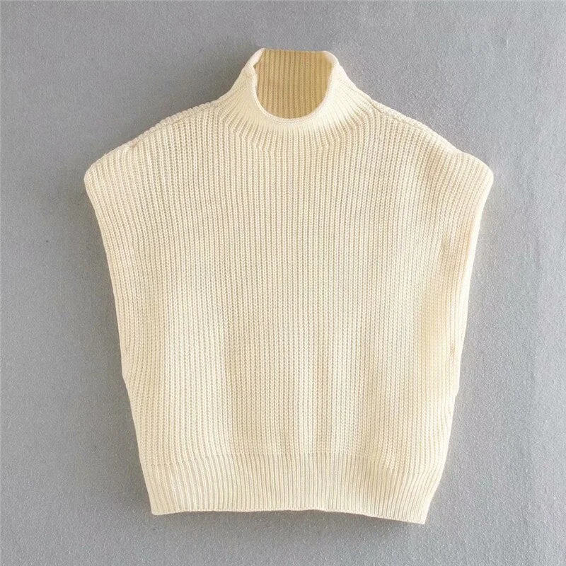 Evfer Autumn Fashion Ladies Za Shoulder Pad Yellow Knitted Pullover Sweaters Women Casual Sleeveless Turtleneck Knitwear Tops